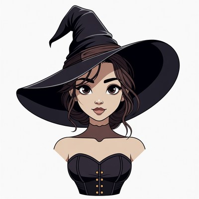Cartoon Witch Girl in Black Hat
