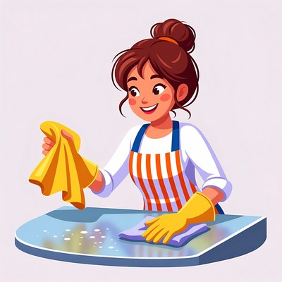 Woman cleaning table with cloth