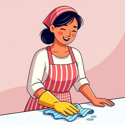 Asian woman cleaning table in apron