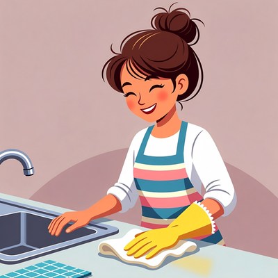 Asian woman washing dishes illustration