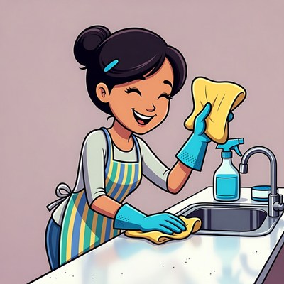 Asian woman cleaning sink illustration