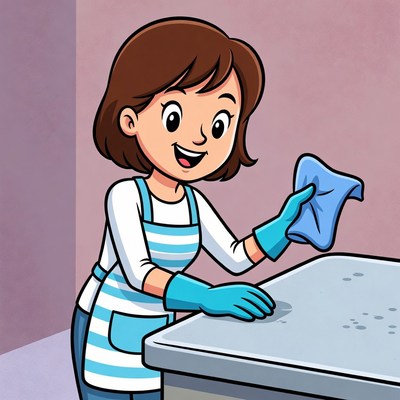 Cartoon woman cleaning table