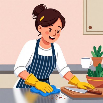 Woman cleaning kitchen counter