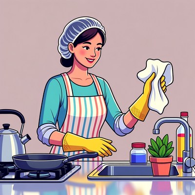 Asian woman cleaning kitchen sink