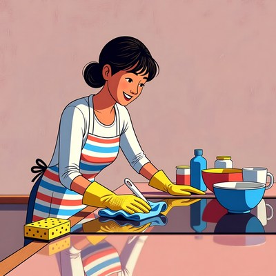 Asian woman cleaning kitchen counter