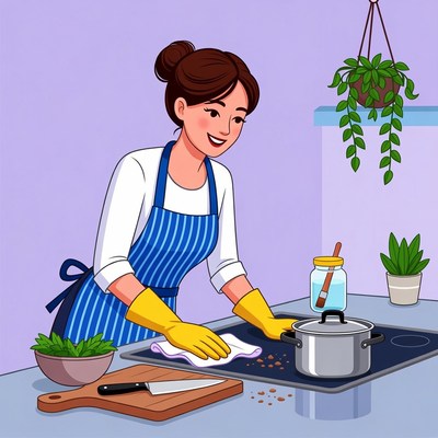 Woman cleaning stove in kitchen