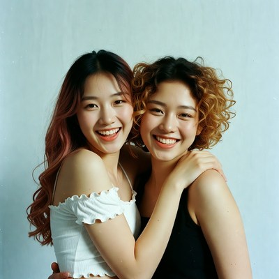 Two smiling Asian women hugging