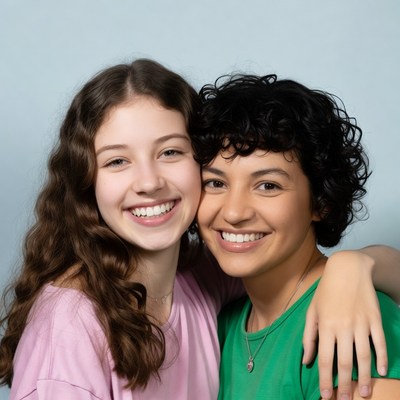 Two smiling girls hugging