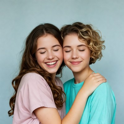 Two smiling girls hugging closely