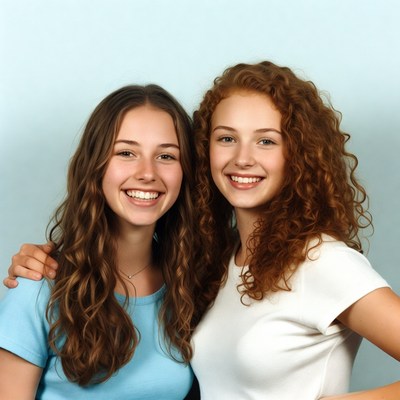 Two smiling teenage girls embracing