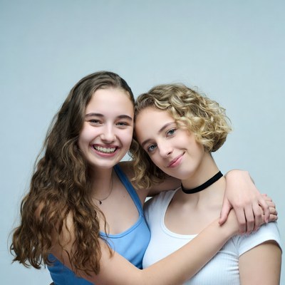 Two smiling teenage girls hugging