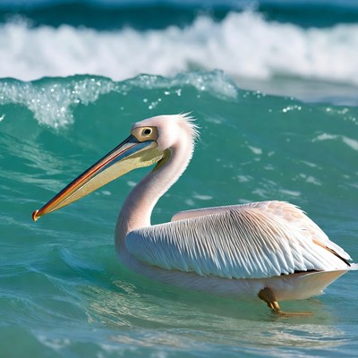 White pelican swimming in ocean waves
