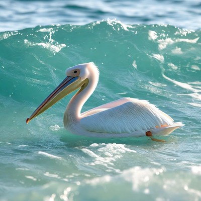 White pelican swimming in ocean waves