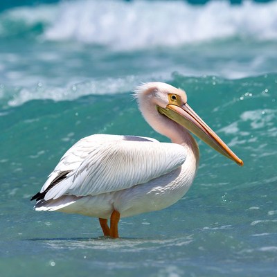 White pelican standing in ocean waves