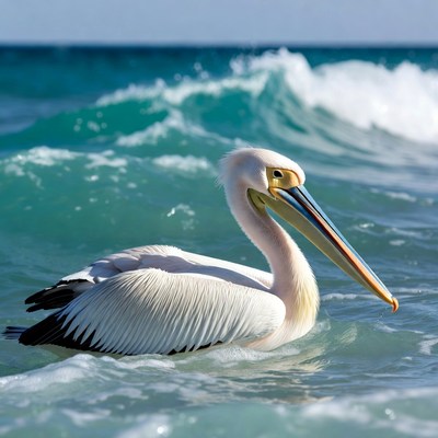 White pelican swimming in ocean waves