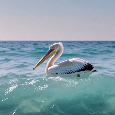 White pelican swimming in ocean
