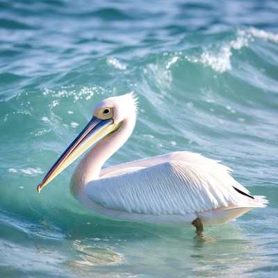 White pelican swimming in ocean waves