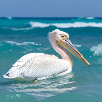 White pelican swimming in ocean waves