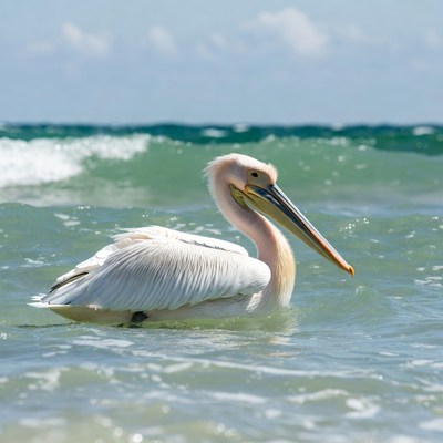 White pelican swimming in ocean waves