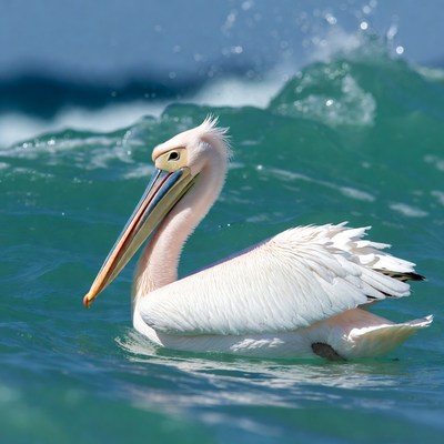 White pelican swimming in ocean waves