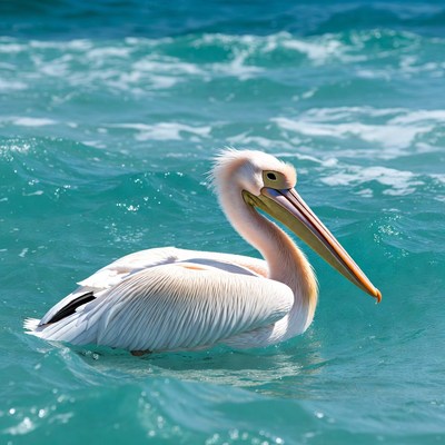 White pelican swimming in turquoise water