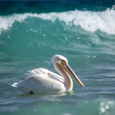 White pelican swimming in ocean waves