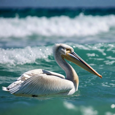 White pelican swimming in ocean waves
