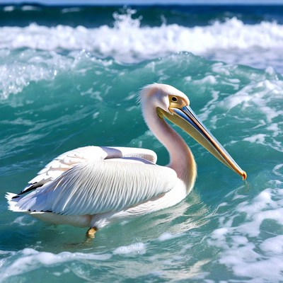 White pelican swimming in ocean waves