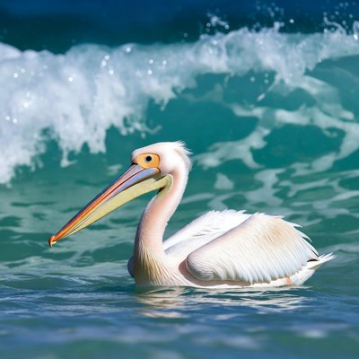 White pelican swimming in ocean waves