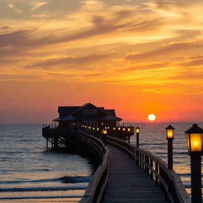 Pier House at Sunset over Ocean