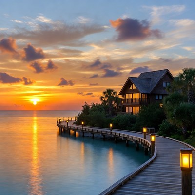 Sunset over tropical waterfront house