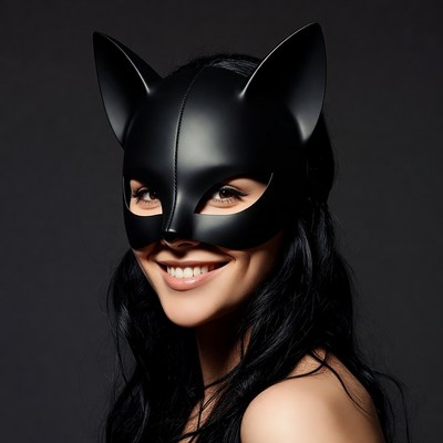 Woman smiling in black cat mask