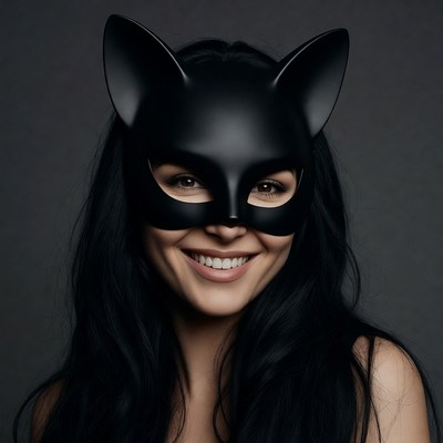 Woman smiling in black cat mask