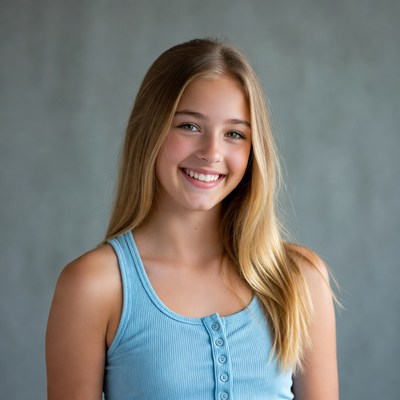 Teen girl smiling in blue tank top