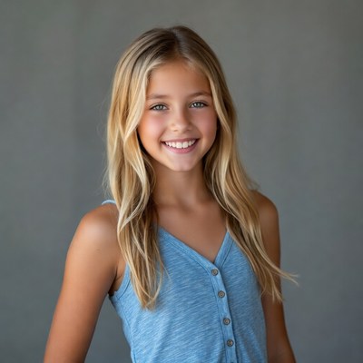 Blonde girl smiling in blue top