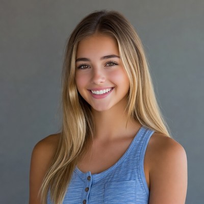 Smiling blonde girl in blue tank top