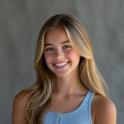Teen girl smiling in blue tank top