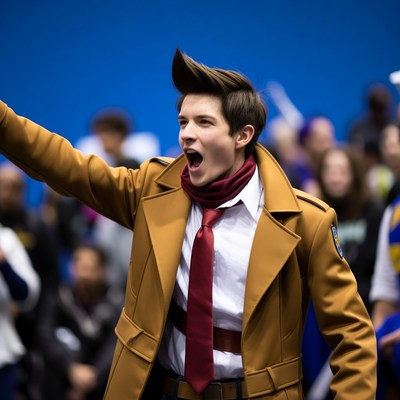 Man in tan trench coat cosplay raising arm