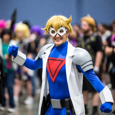 Man in Blue Superhero Cosplay at Convention