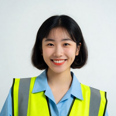Asian woman in blue shirt and yellow vest