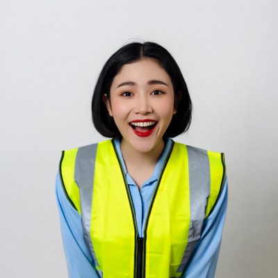 Asian woman smiling in yellow safety vest