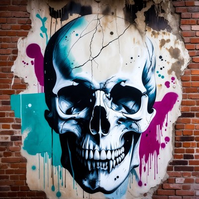 Graffiti Skull on Brick Wall