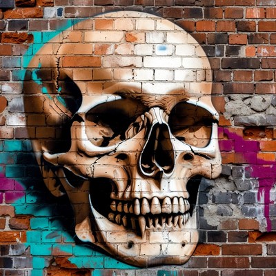 Graffiti Skull on Brick Wall