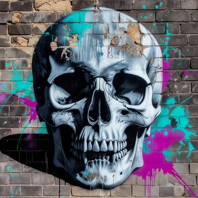 Graffiti Skull on Brick Wall