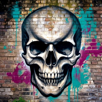Graffiti Skull on Brick Wall