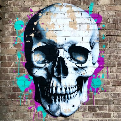 Graffiti Skull on Brick Wall