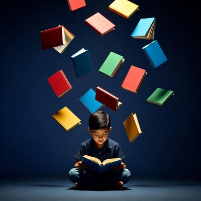 Young boy reading surrounded by flying books