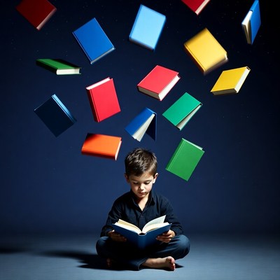 Boy reading with floating books