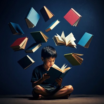 Asian boy reading surrounded by flying books