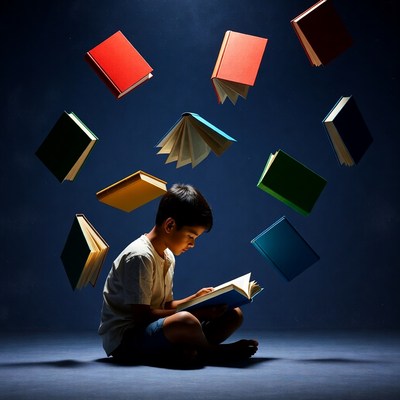 Young boy reading surrounded by flying books